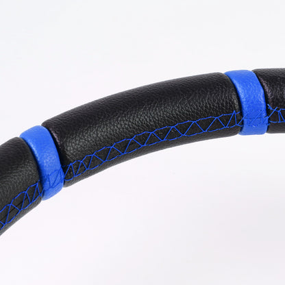 VOLANTE STEERING WHEEL - 350MM - PVC BLACK LEATHER - 6-BOLT - ALUMINUM - BLUE CENTER W/ 2 BLUE STRIPES ON TOP & BOTTOM