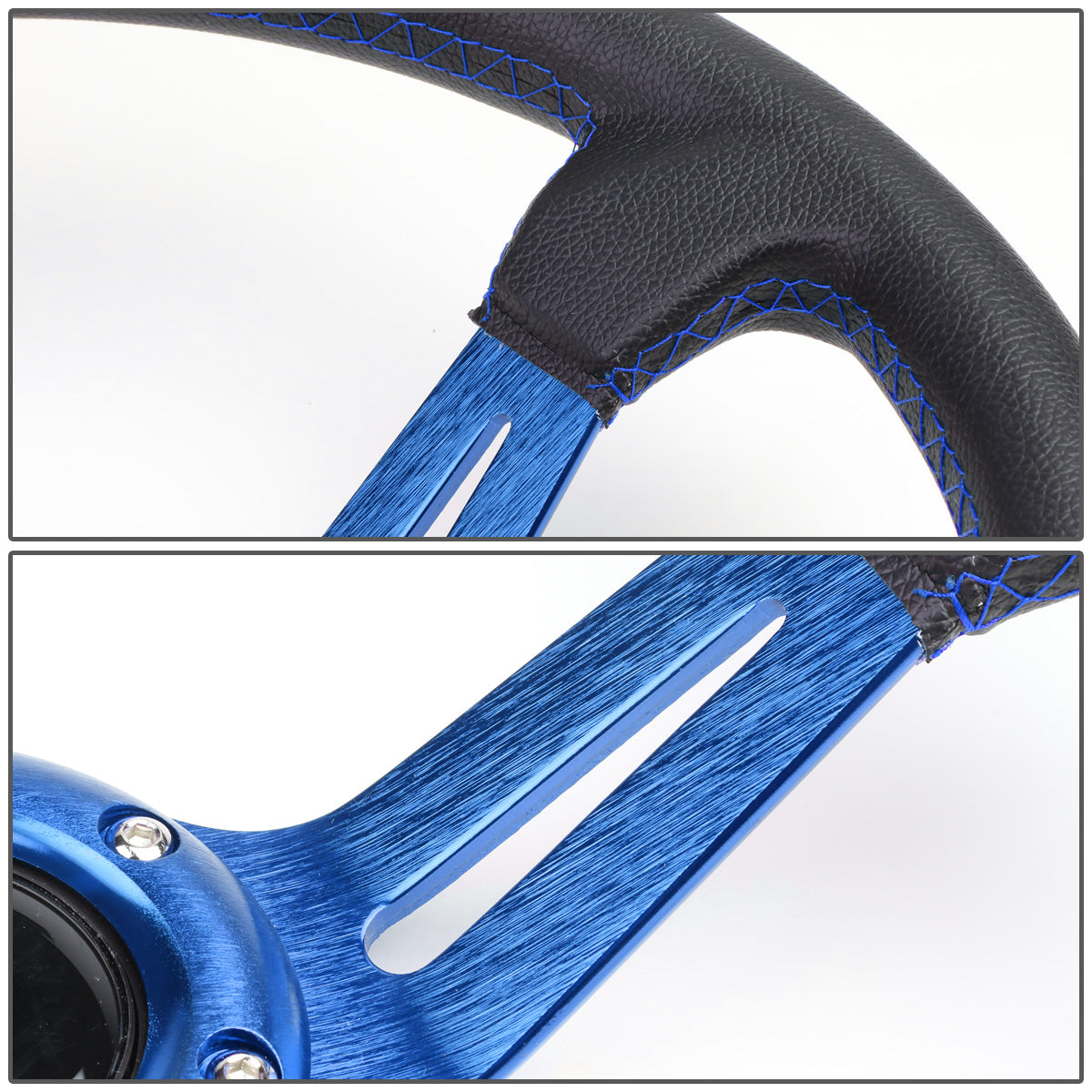VOLANTE STEERING WHEEL - 350MM - PVC BLACK LEATHER - 6-BOLT - ALUMINUM - BLUE CENTER W/ 2 BLUE STRIPES ON TOP & BOTTOM