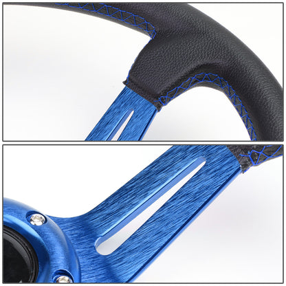 VOLANTE STEERING WHEEL - 350MM - PVC BLACK LEATHER - 6-BOLT - ALUMINUM - BLUE CENTER W/ 2 BLUE STRIPES ON TOP & BOTTOM