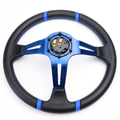 VOLANTE STEERING WHEEL - 350MM - PVC BLACK LEATHER - 6-BOLT - ALUMINUM - BLUE CENTER W/ 2 BLUE STRIPES ON TOP & BOTTOM