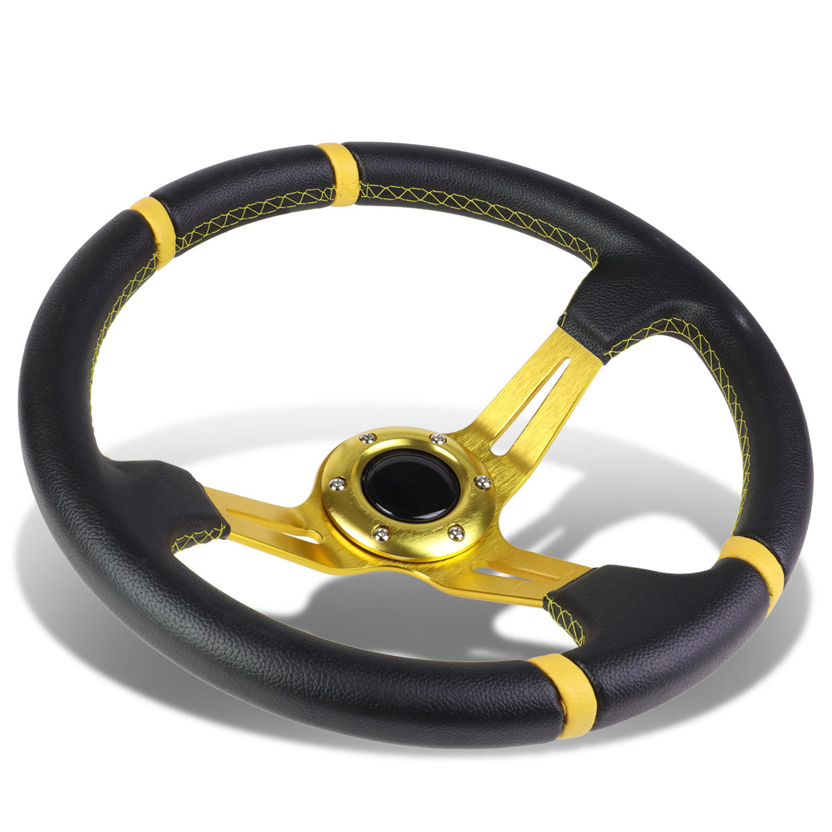 VOLANTE STEERING WHEEL - 350MM - PVC BLACK LEATHER - 6-BOLT - ALUMINUM - GOLD CENTER W/ 2 GOLD STRIPES ON TOP & BOTTOM