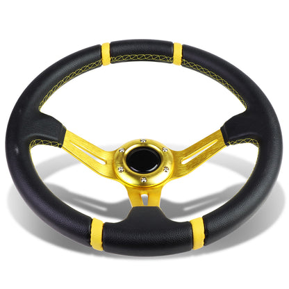 VOLANTE STEERING WHEEL - 350MM - PVC BLACK LEATHER - 6-BOLT - ALUMINUM - GOLD CENTER W/ 2 GOLD STRIPES ON TOP & BOTTOM