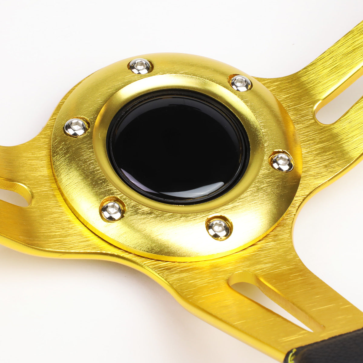 VOLANTE STEERING WHEEL - 350MM - PVC BLACK LEATHER - 6-BOLT - ALUMINUM - GOLD CENTER W/ 2 GOLD STRIPES ON TOP & BOTTOM