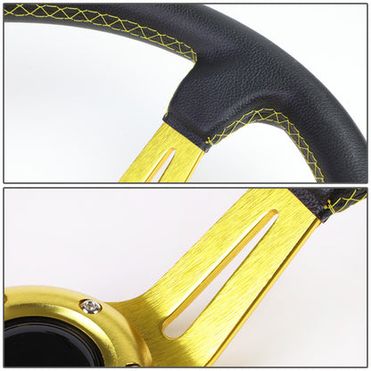 VOLANTE STEERING WHEEL - 350MM - PVC BLACK LEATHER - 6-BOLT - ALUMINUM - GOLD CENTER W/ 2 GOLD STRIPES ON TOP & BOTTOM