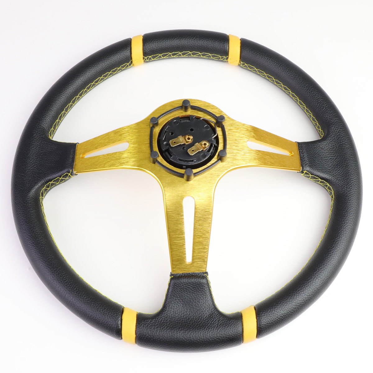VOLANTE STEERING WHEEL - 350MM - PVC BLACK LEATHER - 6-BOLT - ALUMINUM - GOLD CENTER W/ 2 GOLD STRIPES ON TOP & BOTTOM