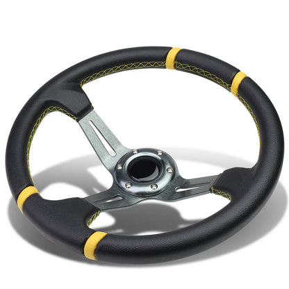 VOLANTE STEERING WHEEL - 350MM - PVC BLACK LEATHER - 6-BOLT - ALUMINUM - GUNMETAL CENTER W/ 2 YELLOW STRIPES ON TOP & BOTTOM