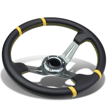 VOLANTE STEERING WHEEL - 350MM - PVC BLACK LEATHER - 6-BOLT - ALUMINUM - GUNMETAL CENTER W/ 2 YELLOW STRIPES ON TOP & BOTTOM