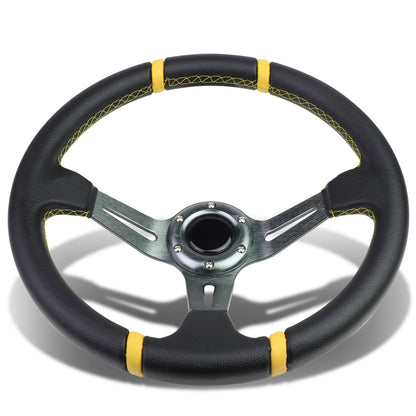 VOLANTE STEERING WHEEL - 350MM - PVC BLACK LEATHER - 6-BOLT - ALUMINUM - GUNMETAL CENTER W/ 2 YELLOW STRIPES ON TOP & BOTTOM