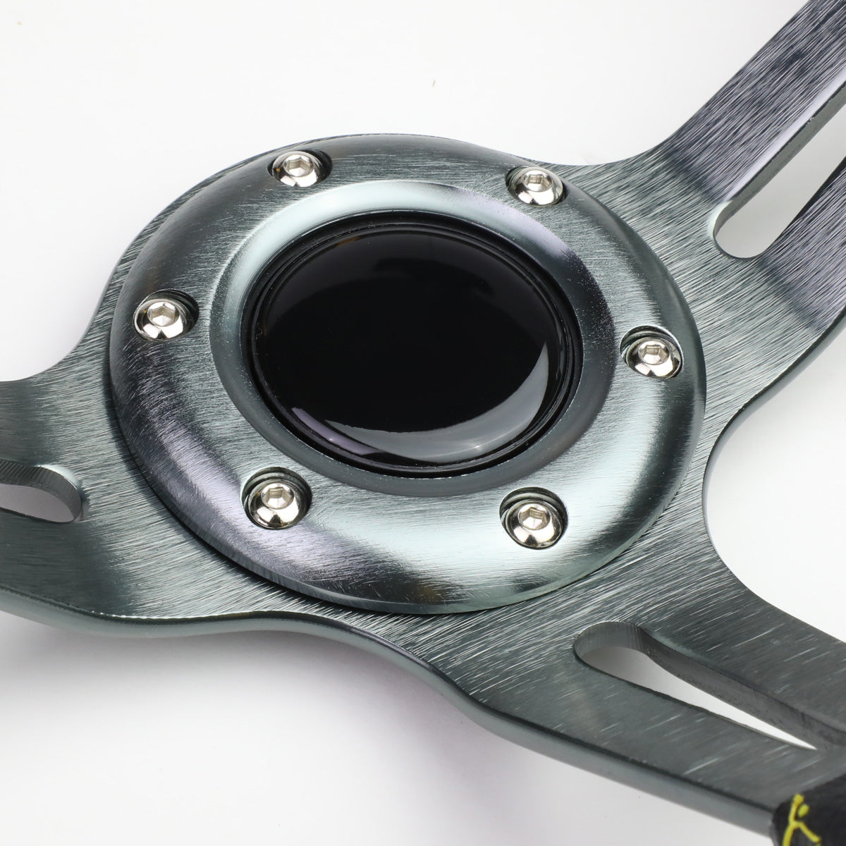 VOLANTE STEERING WHEEL - 350MM - PVC BLACK LEATHER - 6-BOLT - ALUMINUM - GUNMETAL CENTER W/ 2 YELLOW STRIPES ON TOP & BOTTOM