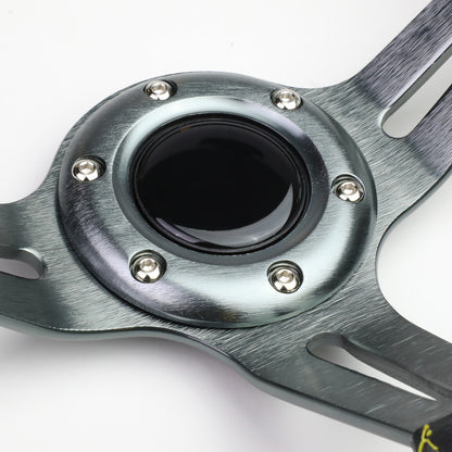 VOLANTE STEERING WHEEL - 350MM - PVC BLACK LEATHER - 6-BOLT - ALUMINUM - GUNMETAL CENTER W/ 2 YELLOW STRIPES ON TOP & BOTTOM