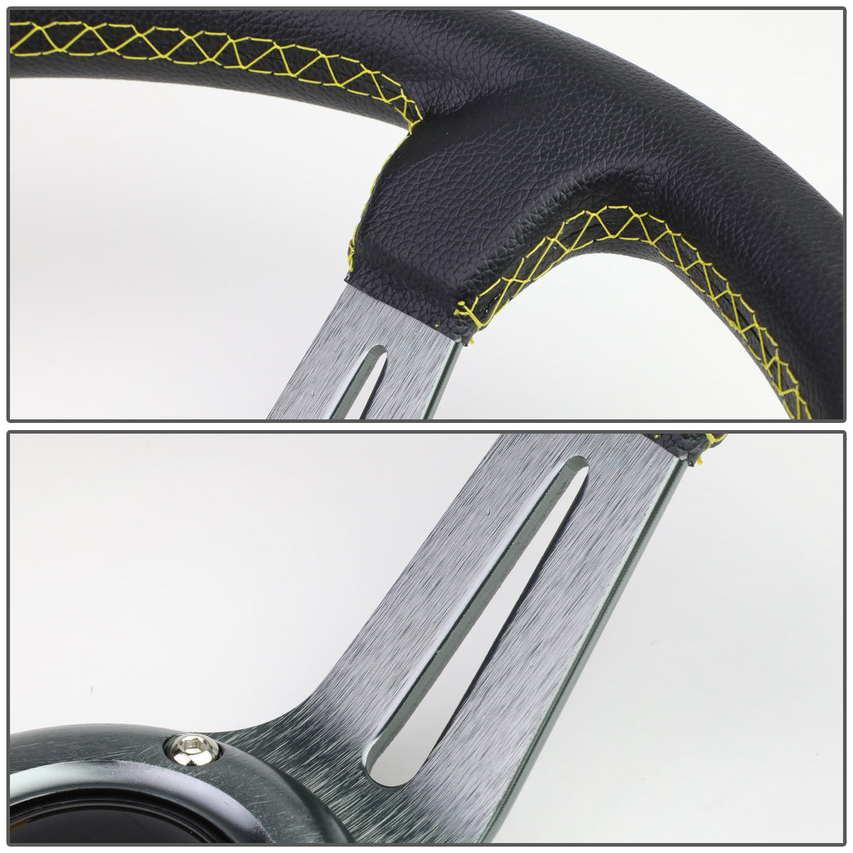 VOLANTE STEERING WHEEL - 350MM - PVC BLACK LEATHER - 6-BOLT - ALUMINUM - GUNMETAL CENTER W/ 2 YELLOW STRIPES ON TOP & BOTTOM