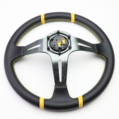 VOLANTE STEERING WHEEL - 350MM - PVC BLACK LEATHER - 6-BOLT - ALUMINUM - GUNMETAL CENTER W/ 2 YELLOW STRIPES ON TOP & BOTTOM