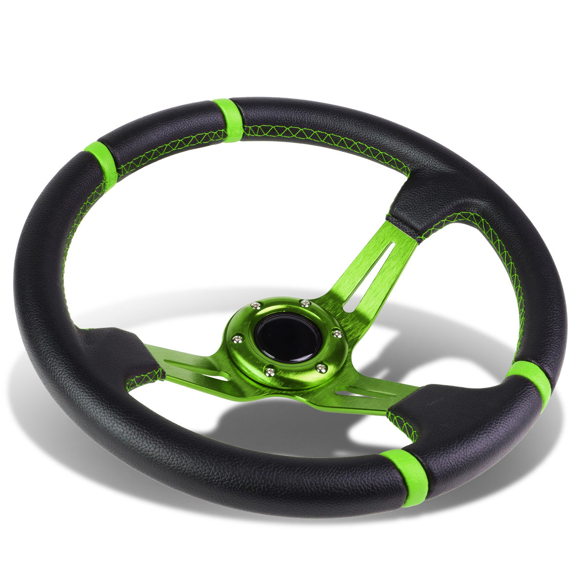 VOLANTE STEERING WHEEL - 350MM - PVC BLACK LEATHER - 6-BOLT - ALUMINUM - GREEN CENTER W/ 2 GREEN STRIPES ON TOP & BOTTOM