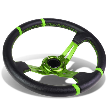 VOLANTE STEERING WHEEL - 350MM - PVC BLACK LEATHER - 6-BOLT - ALUMINUM - GREEN CENTER W/ 2 GREEN STRIPES ON TOP & BOTTOM