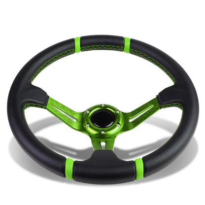VOLANTE STEERING WHEEL - 350MM - PVC BLACK LEATHER - 6-BOLT - ALUMINUM - GREEN CENTER W/ 2 GREEN STRIPES ON TOP & BOTTOM