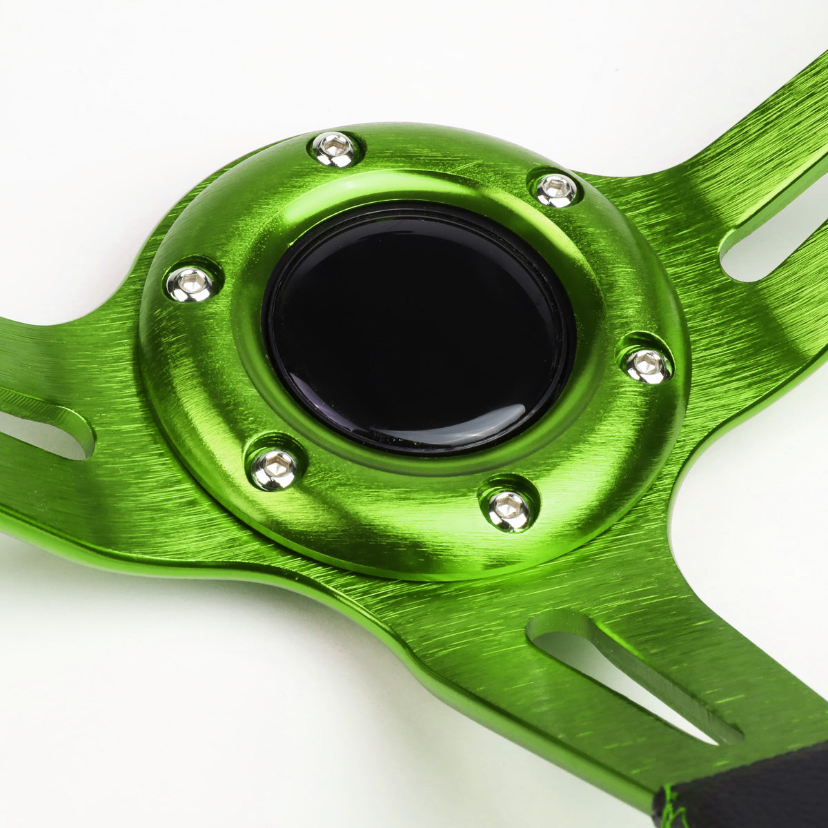 VOLANTE STEERING WHEEL - 350MM - PVC BLACK LEATHER - 6-BOLT - ALUMINUM - GREEN CENTER W/ 2 GREEN STRIPES ON TOP & BOTTOM