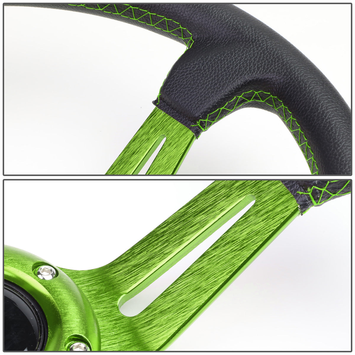 VOLANTE STEERING WHEEL - 350MM - PVC BLACK LEATHER - 6-BOLT - ALUMINUM - GREEN CENTER W/ 2 GREEN STRIPES ON TOP & BOTTOM