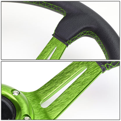 VOLANTE STEERING WHEEL - 350MM - PVC BLACK LEATHER - 6-BOLT - ALUMINUM - GREEN CENTER W/ 2 GREEN STRIPES ON TOP & BOTTOM