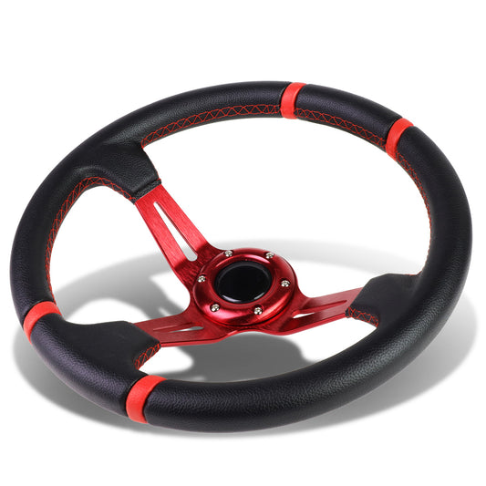 VOLANTE STEERING WHEEL - 350MM - PVC BLACK LEATHER - 6-BOLT - ALUMINUM - RED CENTER W/ 2 RED STRIPES ON TOP & BOTTOM