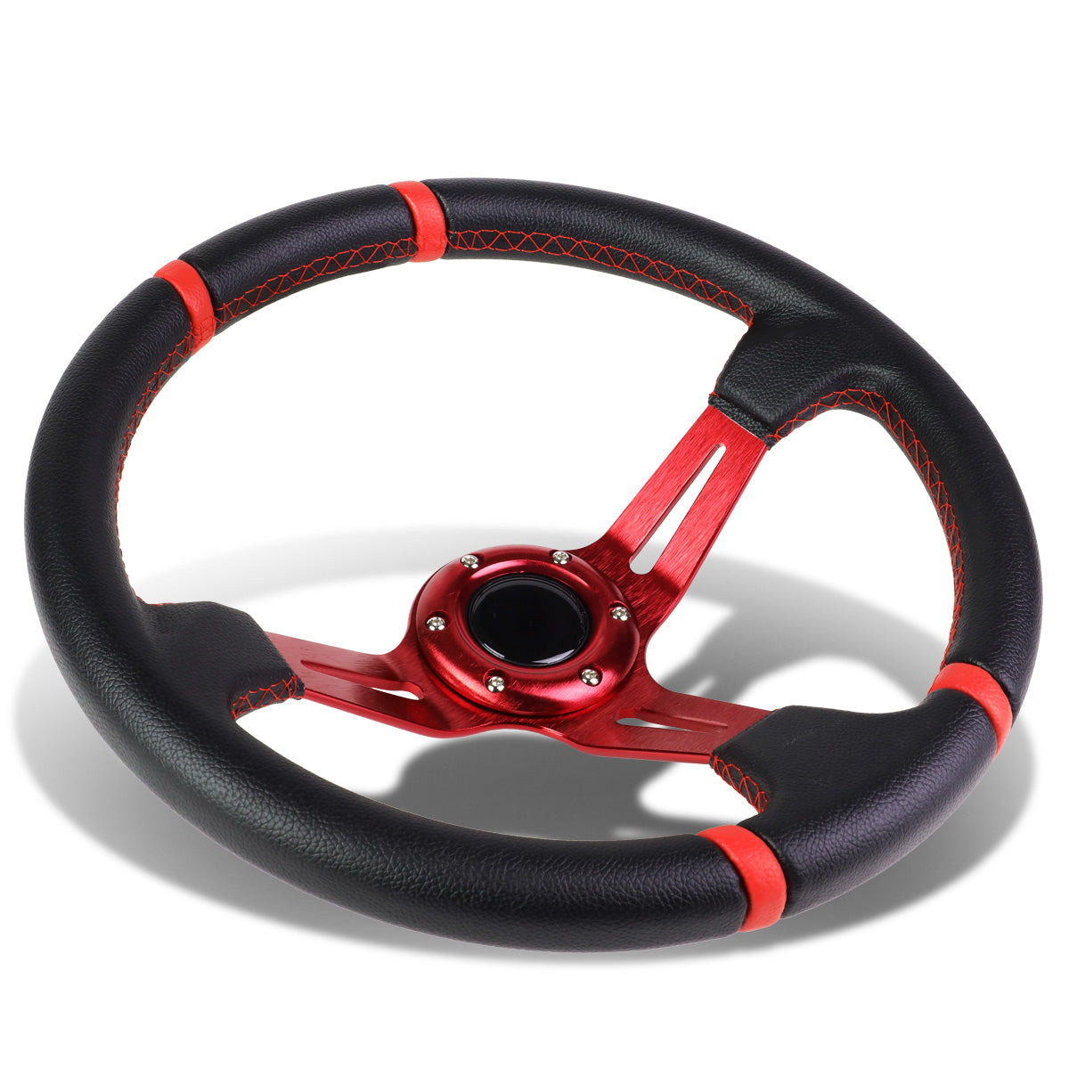 VOLANTE STEERING WHEEL - 350MM - PVC BLACK LEATHER - 6-BOLT - ALUMINUM - RED CENTER W/ 2 RED STRIPES ON TOP & BOTTOM