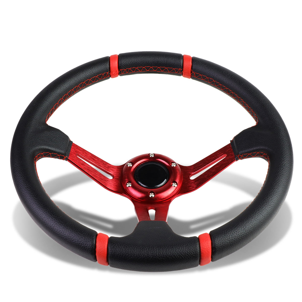 VOLANTE STEERING WHEEL - 350MM - PVC BLACK LEATHER - 6-BOLT - ALUMINUM - RED CENTER W/ 2 RED STRIPES ON TOP & BOTTOM