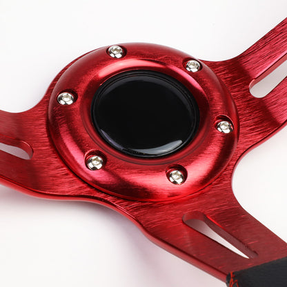VOLANTE STEERING WHEEL - 350MM - PVC BLACK LEATHER - 6-BOLT - ALUMINUM - RED CENTER W/ 2 RED STRIPES ON TOP & BOTTOM
