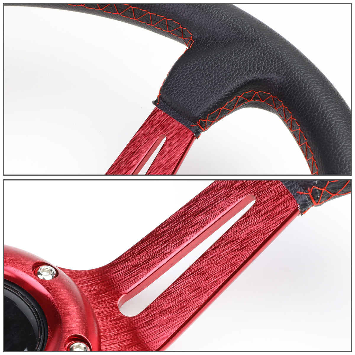 VOLANTE STEERING WHEEL - 350MM - PVC BLACK LEATHER - 6-BOLT - ALUMINUM - RED CENTER W/ 2 RED STRIPES ON TOP & BOTTOM
