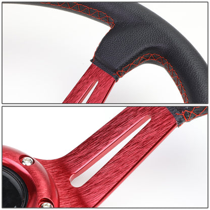 VOLANTE STEERING WHEEL - 350MM - PVC BLACK LEATHER - 6-BOLT - ALUMINUM - RED CENTER W/ 2 RED STRIPES ON TOP & BOTTOM