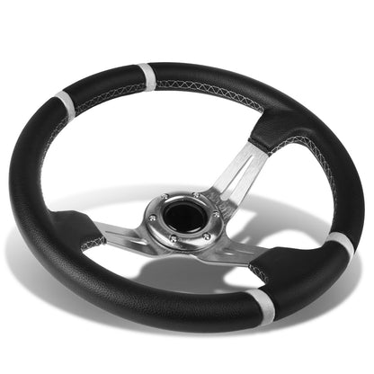 VOLANTE STEERING WHEEL - 350MM - PVC BLACK LEATHER - 6-BOLT - ALUMINUM - SILVER CENTER W/ 2 SILVER STRIPES ON TOP & BOTTOM