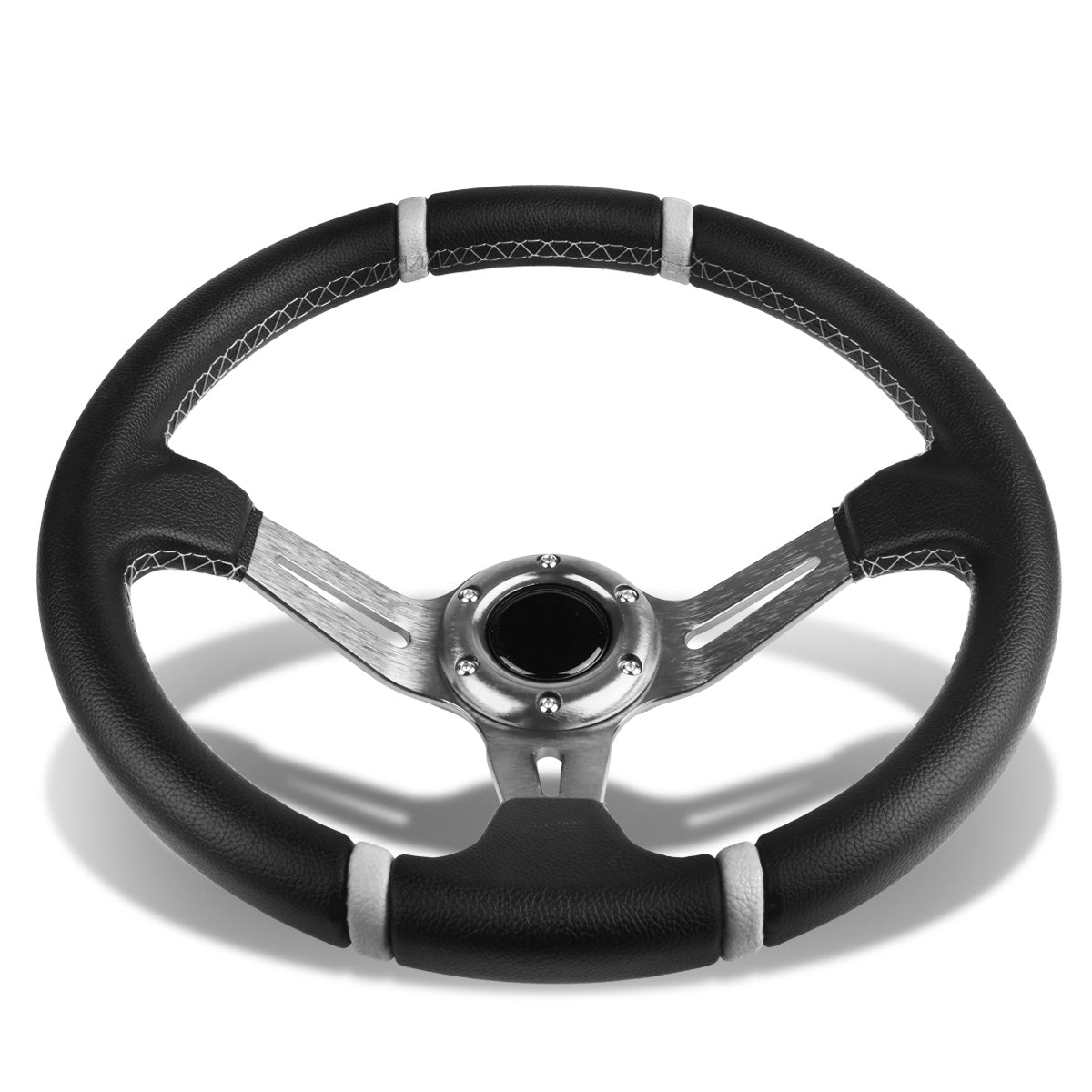 VOLANTE STEERING WHEEL - 350MM - PVC BLACK LEATHER - 6-BOLT - ALUMINUM - SILVER CENTER W/ 2 SILVER STRIPES ON TOP & BOTTOM