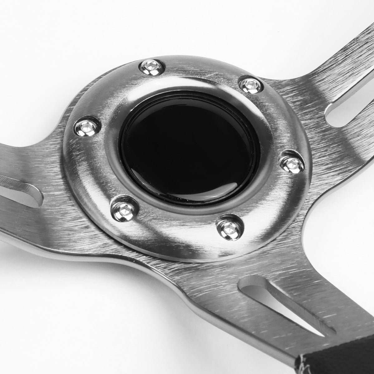 VOLANTE STEERING WHEEL - 350MM - PVC BLACK LEATHER - 6-BOLT - ALUMINUM - SILVER CENTER W/ 2 SILVER STRIPES ON TOP & BOTTOM