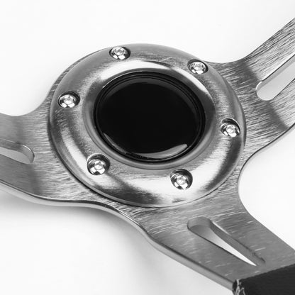 VOLANTE STEERING WHEEL - 350MM - PVC BLACK LEATHER - 6-BOLT - ALUMINUM - SILVER CENTER W/ 2 SILVER STRIPES ON TOP & BOTTOM