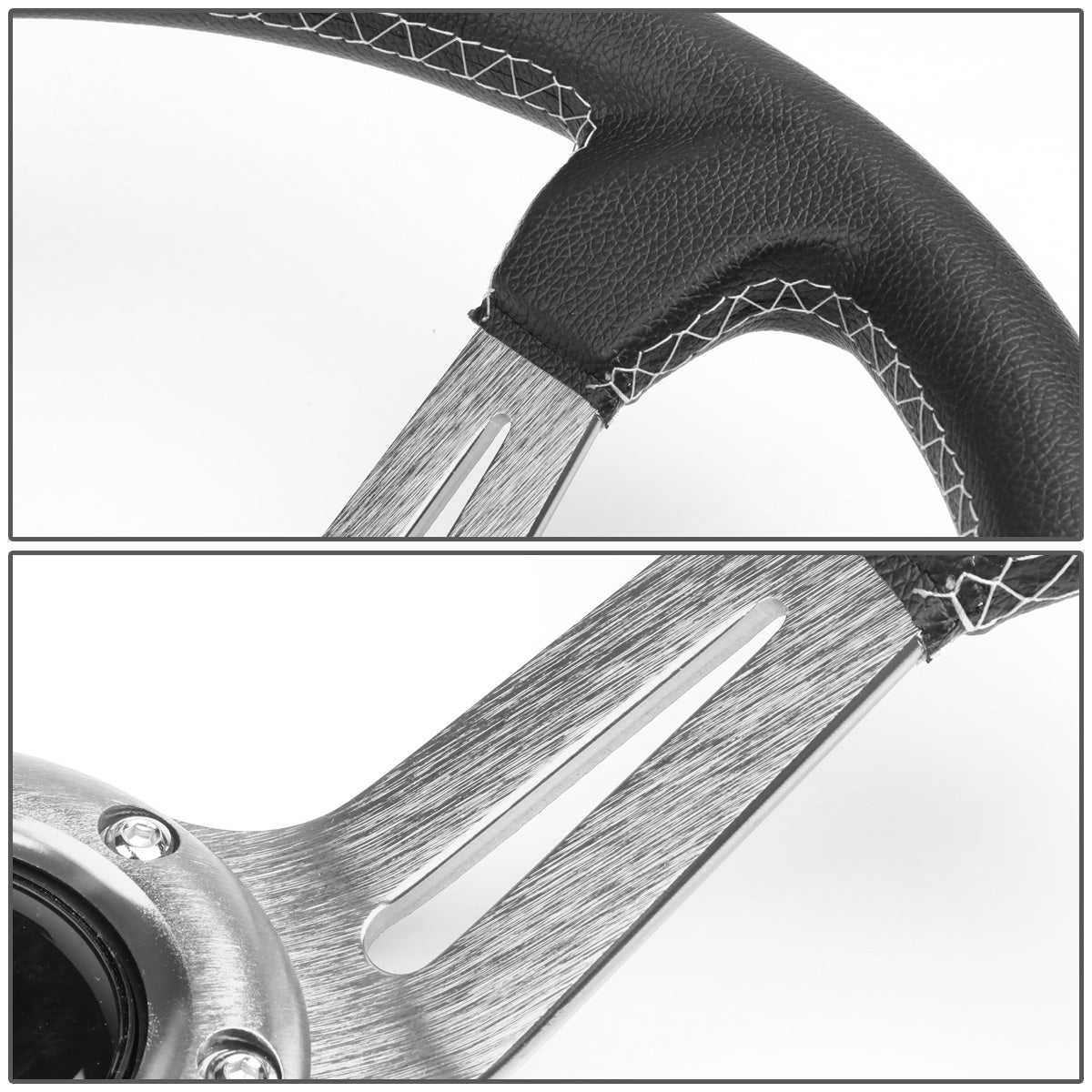 VOLANTE STEERING WHEEL - 350MM - PVC BLACK LEATHER - 6-BOLT - ALUMINUM - SILVER CENTER W/ 2 SILVER STRIPES ON TOP & BOTTOM