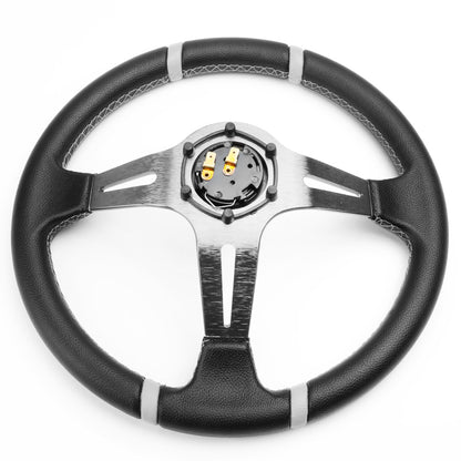 VOLANTE STEERING WHEEL - 350MM - PVC BLACK LEATHER - 6-BOLT - ALUMINUM - SILVER CENTER W/ 2 SILVER STRIPES ON TOP & BOTTOM