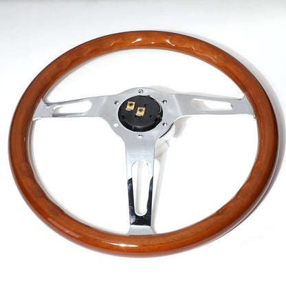 VOLANTE STEERING WHEEL - 2"DEEP DISH - 3-SPOKE WITH OVAL CUTOUT STYLE - 14" WOOD GRAIN - VINTAGE - VEHICLES WITH AFTERMARKET 6-BOLT X 70MM PATTERN STEERING WHEEL HUBS