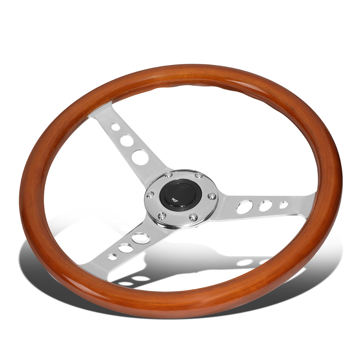VOLANTE STEERING WHEEL - 2"DEEP DISH - 3-SPOKE WITH HOLE CUTOUTS STYLE - 14" WOOD GRAIN - VINTAGE - VEHICLES WITH AFTERMARKET 6-BOLT X 70MM PATTERN STEERING WHEEL HUBS