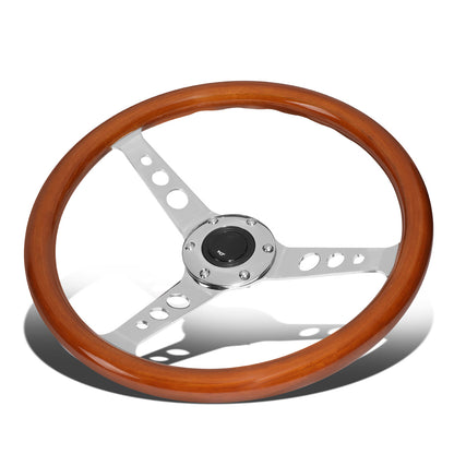 VOLANTE STEERING WHEEL - 2"DEEP DISH - 3-SPOKE WITH HOLE CUTOUTS STYLE - 14" WOOD GRAIN - VINTAGE - VEHICLES WITH AFTERMARKET 6-BOLT X 70MM PATTERN STEERING WHEEL HUBS