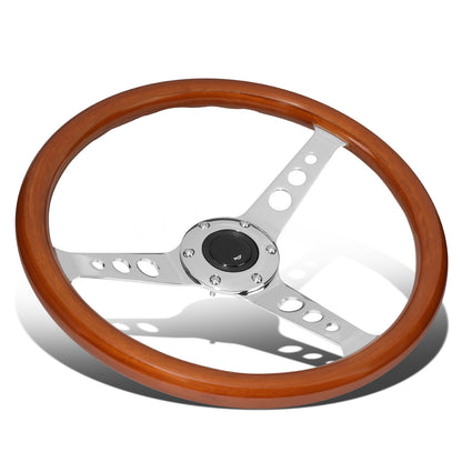 VOLANTE STEERING WHEEL - 2"DEEP DISH - 3-SPOKE WITH HOLE CUTOUTS STYLE - 14" WOOD GRAIN - VINTAGE - VEHICLES WITH AFTERMARKET 6-BOLT X 70MM PATTERN STEERING WHEEL HUBS