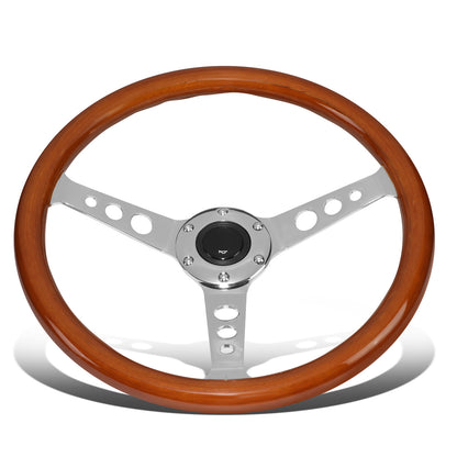 VOLANTE STEERING WHEEL - 2"DEEP DISH - 3-SPOKE WITH HOLE CUTOUTS STYLE - 14" WOOD GRAIN - VINTAGE - VEHICLES WITH AFTERMARKET 6-BOLT X 70MM PATTERN STEERING WHEEL HUBS