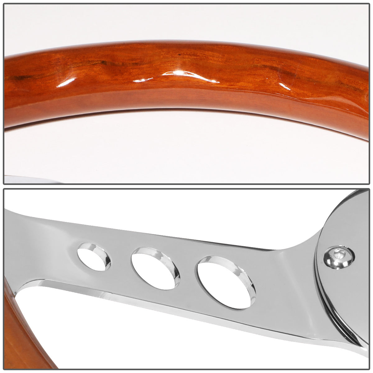 VOLANTE STEERING WHEEL - 2"DEEP DISH - 3-SPOKE WITH HOLE CUTOUTS STYLE - 14" WOOD GRAIN - VINTAGE - VEHICLES WITH AFTERMARKET 6-BOLT X 70MM PATTERN STEERING WHEEL HUBS