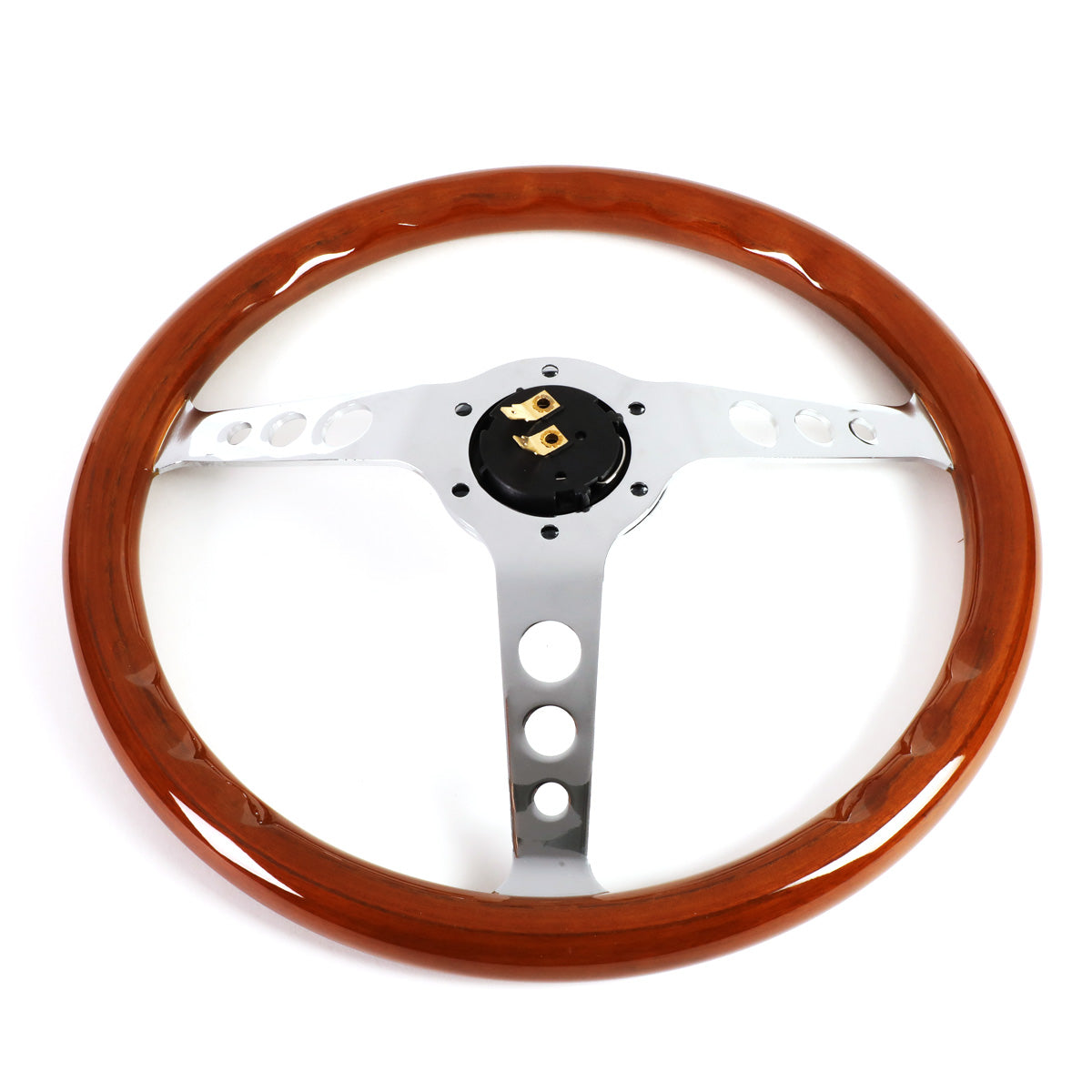 VOLANTE STEERING WHEEL - 2"DEEP DISH - 3-SPOKE WITH HOLE CUTOUTS STYLE - 14" WOOD GRAIN - VINTAGE - VEHICLES WITH AFTERMARKET 6-BOLT X 70MM PATTERN STEERING WHEEL HUBS