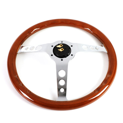 VOLANTE STEERING WHEEL - 2"DEEP DISH - 3-SPOKE WITH HOLE CUTOUTS STYLE - 14" WOOD GRAIN - VINTAGE - VEHICLES WITH AFTERMARKET 6-BOLT X 70MM PATTERN STEERING WHEEL HUBS