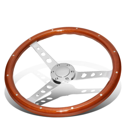 VOLANTE STEERING WHEEL - 2"DEEP DISH - 3-SPOKE WITH HOLE CUTOUT STYLE - 15" RIVETED WOOD GRAIN - VINTAGE STYLE - VEHICLES WITH AFTERMARKET 6-BOLT X 70MM PATTERN STEERING WHEEL HUBS