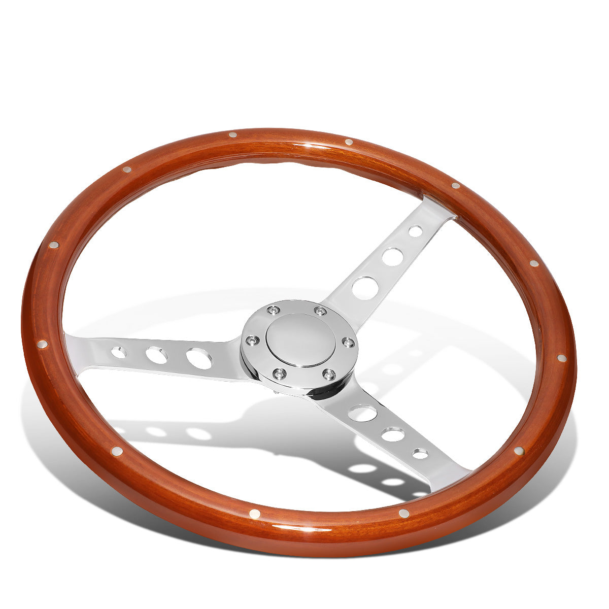 VOLANTE STEERING WHEEL - 2"DEEP DISH - 3-SPOKE WITH HOLE CUTOUT STYLE - 15" RIVETED WOOD GRAIN - VINTAGE STYLE - VEHICLES WITH AFTERMARKET 6-BOLT X 70MM PATTERN STEERING WHEEL HUBS