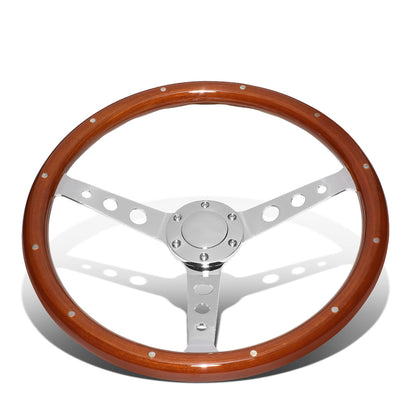 VOLANTE STEERING WHEEL - 2"DEEP DISH - 3-SPOKE WITH HOLE CUTOUT STYLE - 15" RIVETED WOOD GRAIN - VINTAGE STYLE - VEHICLES WITH AFTERMARKET 6-BOLT X 70MM PATTERN STEERING WHEEL HUBS
