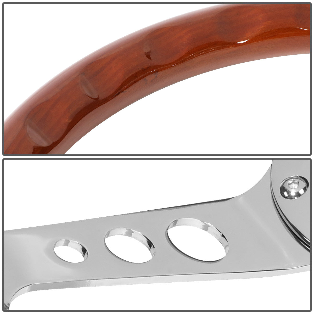 VOLANTE STEERING WHEEL - 2"DEEP DISH - 3-SPOKE WITH HOLE CUTOUT STYLE - 15" RIVETED WOOD GRAIN - VINTAGE STYLE - VEHICLES WITH AFTERMARKET 6-BOLT X 70MM PATTERN STEERING WHEEL HUBS