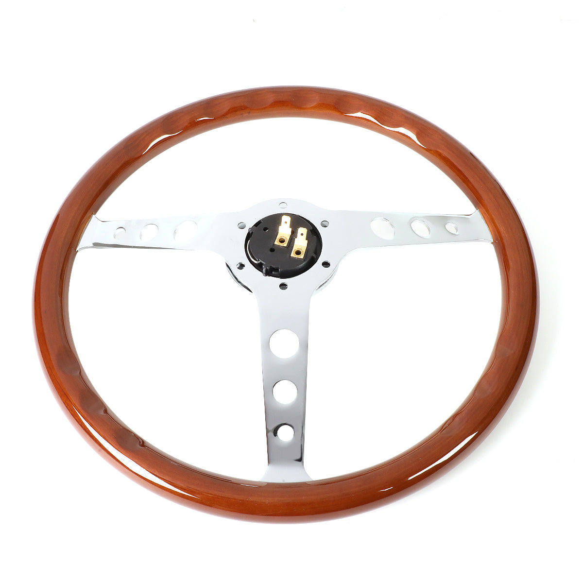 VOLANTE STEERING WHEEL - 2"DEEP DISH - 3-SPOKE WITH HOLE CUTOUT STYLE - 15" RIVETED WOOD GRAIN - VINTAGE STYLE - VEHICLES WITH AFTERMARKET 6-BOLT X 70MM PATTERN STEERING WHEEL HUBS