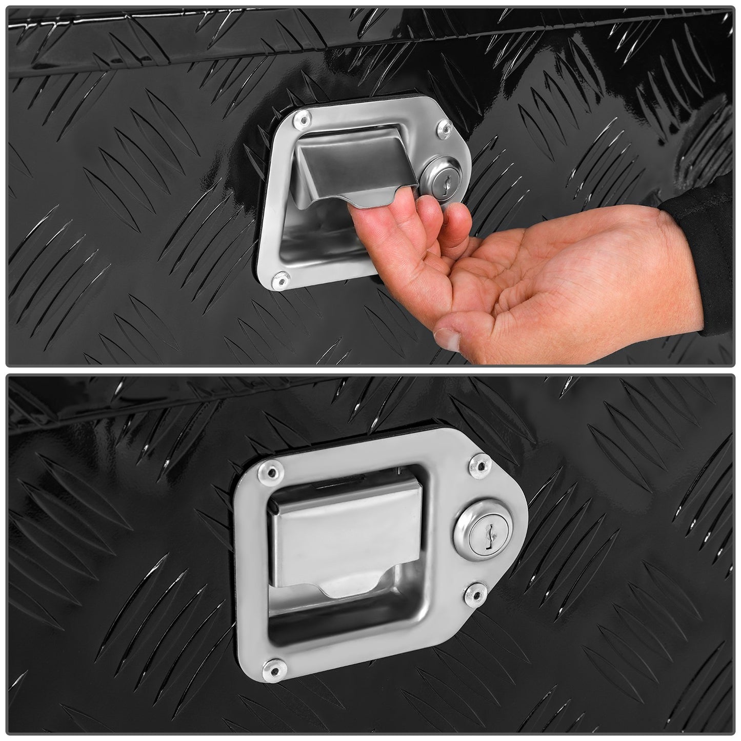 CAJA DE HERRAMIENTAS UNIVERSAL - TRUCK / TRAILER - W/ LOCK & KEY - ALUMINUM - 18" H X 16" W FRONT X 32.5" W REAR X - 5 BAR DIAMOND TREAD PLATE PATTERN - BLACK