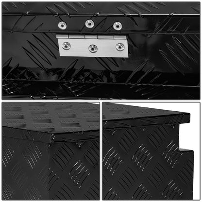 CAJA DE HERRAMIENTAS UNIVERSAL - TRUCK / TRAILER - W/ LOCK & KEY - ALUMINUM - 18" H X 16" W FRONT X 32.5" W REAR X - 5 BAR DIAMOND TREAD PLATE PATTERN - BLACK