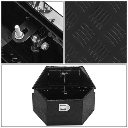 CAJA DE HERRAMIENTAS UNIVERSAL - TRUCK / TRAILER - W/ LOCK & KEY - ALUMINUM - 18" H X 16" W FRONT X 32.5" W REAR X - 5 BAR DIAMOND TREAD PLATE PATTERN - BLACK